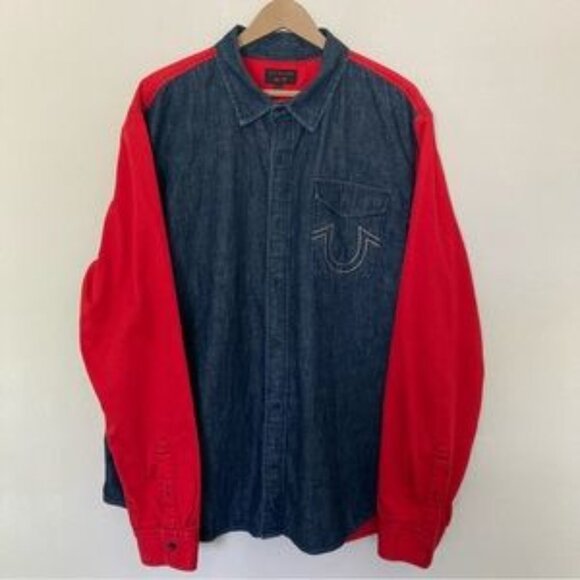 True Religion Blue Denim/Red Button Up Western Long Sleeve-Size 3X - Picture 1 of 6